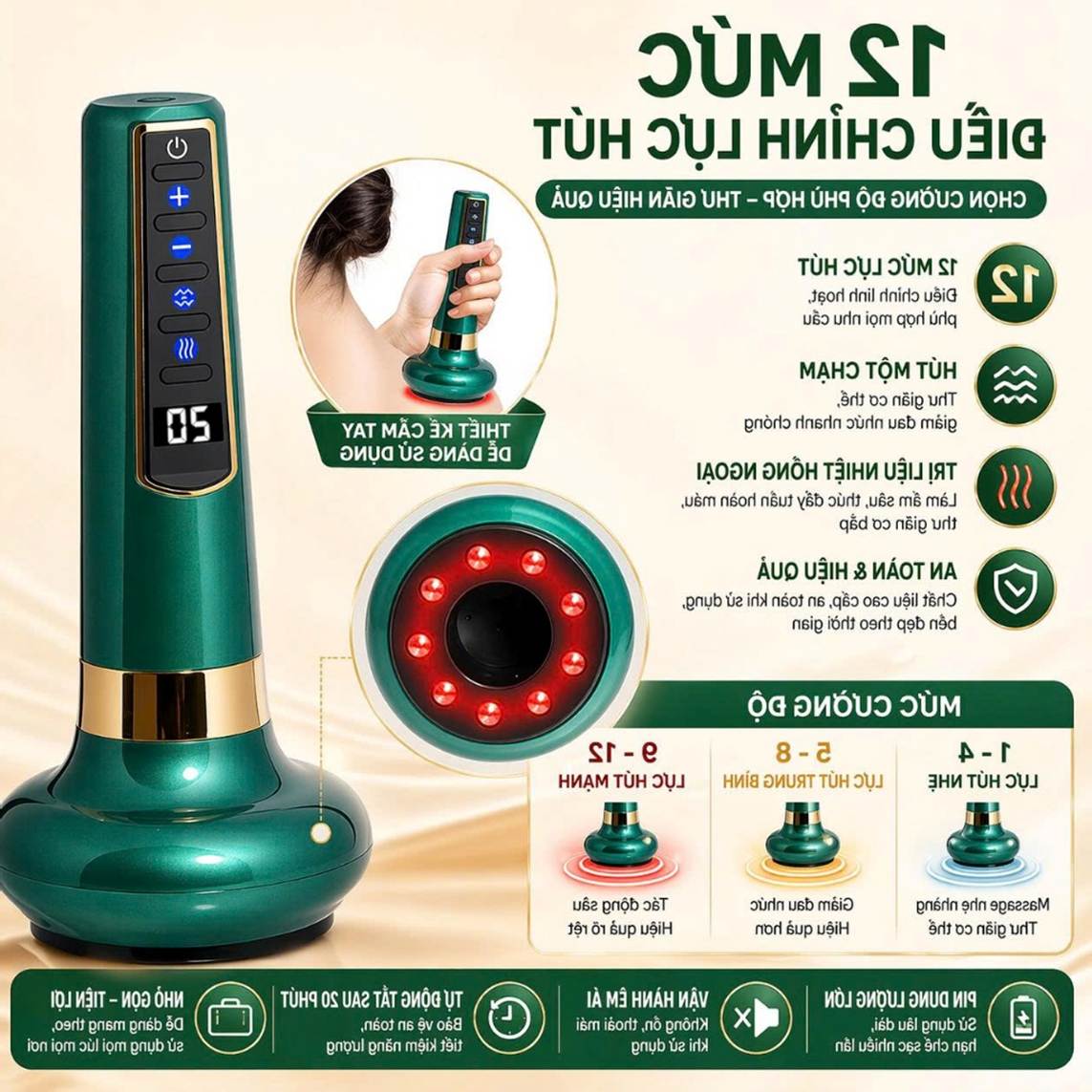 Máy cạo gió giác hơi cầm tay HITOKO-HG22, máy giác hơi sạc điện thông minh 12 cấp độ, dễ sử dụng tại nhà, BH 12 tháng - Ảnh 5